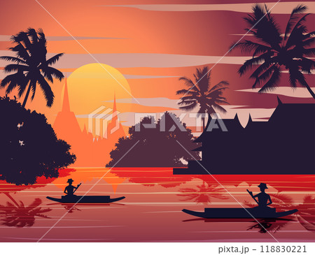 sunset landscape and Buddha Thai temple with a rowing boat around with tree.countryside of east lifestyle 118830221