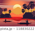 sunset landscape and Buddha Thai temple with a rowing boat around with tree.countryside of east lifestyle 118830222