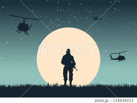 Background of war in situation of soldier standing and hold gun to defend army base Background of war in situation of soldier standing and hold gun to defend army base 118830223