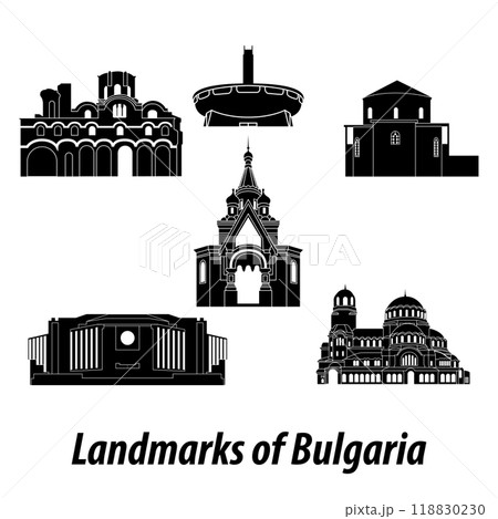 set of famous landmarks of Bulgaria silhouette style with black and white classic color design set of famous landmarks of Bulgaria silhouette style with black and white classic color design 118830230