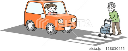 横断歩道を渡るシニア男性と女性ドライバー 118830433
