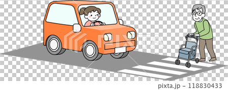 横断歩道を渡るシニア男性と女性ドライバー 118830433