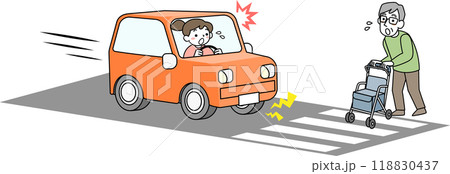 横断する高齢者を見つけて急停車する女性ドライバー 118830437