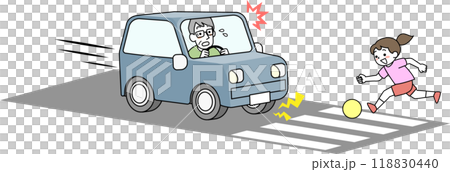 A child jumps out onto the road and a senior male driver suddenly stops 118830440