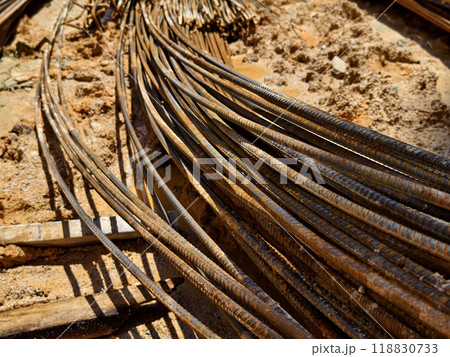 Sturdy steel rebars at a construction site 118830733