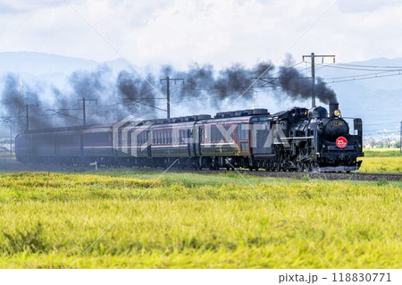 収穫間際の稲穂とSLばんえつ物語　福島県会津若松市 118830771