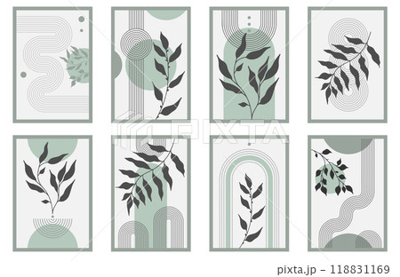 Zen arch poster set with botanical element, simple line arch shapes, and leavs. Geometric Japanese zen pattern minimal elements. Boho style strips, 118831169