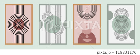 Zen arch poster set, simple line arch and shapes. Geometric Japanese zen pattern minimal elements. Boho style strips, 118831170