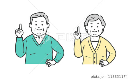 指差しをする高齢者小太り男女の上半身イラスト 118831174