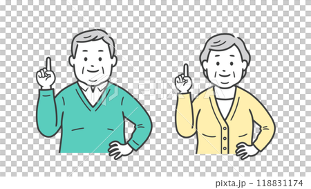 指差しをする高齢者小太り男女の上半身イラスト 118831174