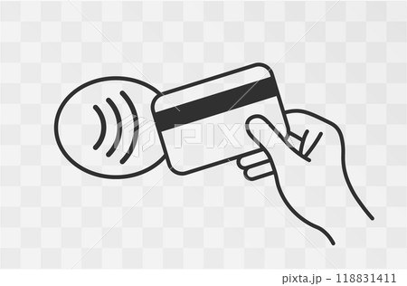 Contactless payment icons, credit card and hand tap pay wave.  Wireless NFC and contactless pay pass icons set. Vector illustration image. Isolated on background. 118831411