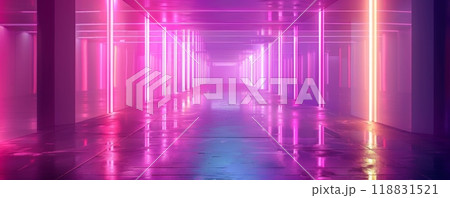 床に反射する未来的な紫のネオン廊下 118831521