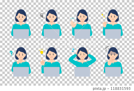 A set of young women with various expressions and poses while looking at a computer [People vector illustration material] 118831593