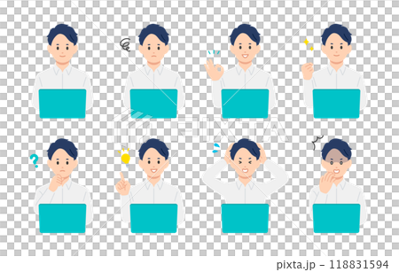 A set of young men with various expressions and poses while looking at a computer [People vector illustration material] 118831594
