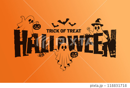 halloween greeting trick or treat logotype with cute spooky character halloween greeting trick or treat logotype with cute spooky character 118831718