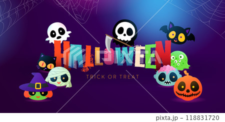 halloween greeting trick or treat with cute spooky character banner 118831720