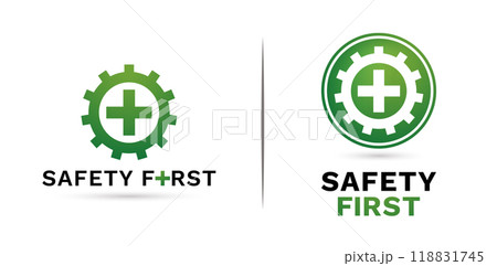 two models concepts Safety first icon Gear and plus signs green colors isolated on white backgrounds for label products company or corporate, User interface design, collages, decks and layout template two models concepts Safety first icon Gear and plus signs green colors isolated on white backgrounds for label products company or corporate, User interface design, collages, decks and layout template 118831745