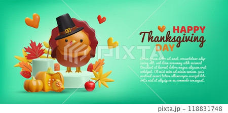 3D autumn background featuring pumpkin and turkey for thanksgiving. 118831748