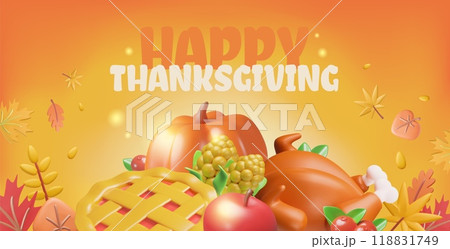 3d thanksgiving banner design with pumpkins and autumn leaves. 3d thanksgiving banner design with pumpkins and autumn leaves. 118831749