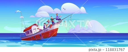 Commercial ship fishing in ocean water vector Commercial ship fishing in ocean water vector 118831767