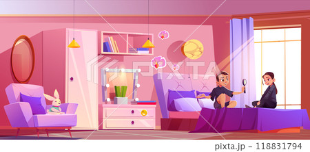Teen kids in pink children room playing. Teen kids in pink children room playing. 118831794