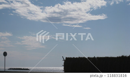 稲架掛け米と青空と日本海 稲架掛け米と青空と日本海 118831816