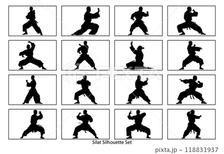 Silhouette of Pencak Silat Athlete in action, silhouettes of martial arts pencak silat with different action pose. Silhouette of Pencak Silat Athlete in action, silhouettes of martial arts pencak silat with different action pose. 118831937