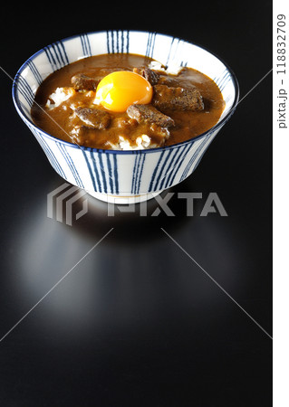 月見ビーフカレー丼を黒背景で撮影 月見ビーフカレー丼を黒背景で撮影 118832709