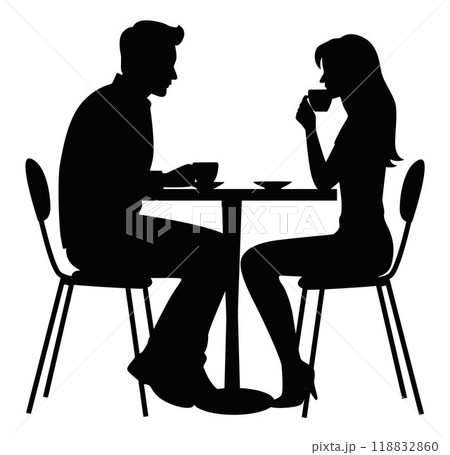 Man and woman drinking coffee, couple drinking coffee and talking vector silhouette Man and woman drinking coffee, couple drinking coffee and talking vector silhouette 118832860