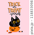 Cute hand drawn black cat sitting in pumpkin basket with candies. Funny Halloween greeting card template with cartoon black cat and Trick or treat lettering. Happy Halloween vector Illustration with 118833098