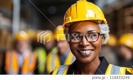 Middle aged black woman smirking on construction site in hard hat and work vest Middle aged black woman smirking on construction site in hard hat and work vest 118833249