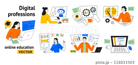 Vector illustration set on digital professions and online education in flat cartoon style. Characters learning technology, training for programming, AI, web design, courses on data science, coding Vector illustration set on digital professions and online education in flat cartoon style. Characters learning technology, training for programming, AI, web design, courses on data science, coding 118833303