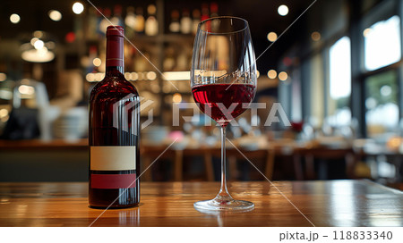 Bottle of red wine with glass of wine on restaurant table at night. Generative AI Bottle of red wine with glass of wine on restaurant table at night. Generative AI 118833340