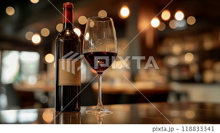 Bottle of red wine with glass of wine on restaurant table at night. Generative AI 118833341