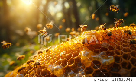 Bees busy at work in vibrant honeycomb during sunny afternoon in nature. Generative AI 118833343