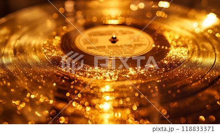Golden vintage vinyl record on turntable during cozy, retro concept background. Generative AI 118833371