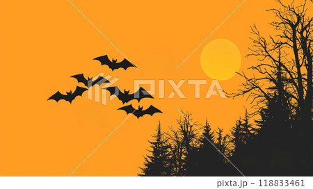 Haunted Halloween Scene, Dark Forest Silhouette, Full Moon, and Bats in a Yellow Sky 118833461