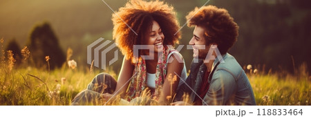 Happy young couple enjoying romantic picnic outdoors banner with copy space for ad or summer leisure 118833464