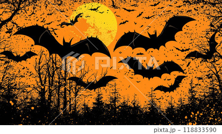 Halloween Night of Frights, Bats Flying Over a Shadowy Forest Silhouette in a Yellow-Orange Sky Halloween Night of Frights, Bats Flying Over a Shadowy Forest Silhouette in a Yellow-Orange Sky 118833590