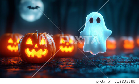Ghosts and Jack-O-Lanterns Emerge from the Shadows of the Cemetery for a Terrifying Halloween 118833599