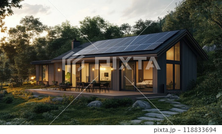 Modern eco-friendly house with solar panels, large windows, surrounded by nature at sunset 118833694