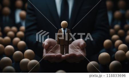 Businessman holding wooden figure, highlighting leadership and individuality at corporate event 118833696