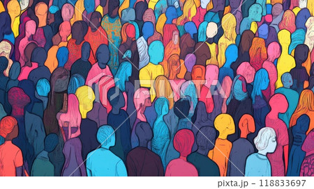 Vibrant illustration of diverse crowd of people in colorful clothing outdoors 118833697