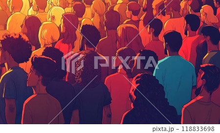 Diverse group of adults and teenagers gathered at outdoor event during sunset 118833698