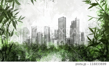 Black and white architectural sketch of modern city skyline framed by green foliage 118833699