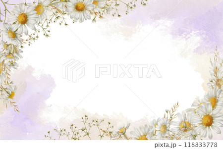 Rectangular corner frame of white daisies,dried flowers,feverweed with art seamless background.Sand and purple colors.Template for design on white background in delicate air composition Rectangular corner frame of white daisies,dried flowers,feverweed with art seamless background.Sand and purple colors.Template for design on white background in delicate air composition 118833778
