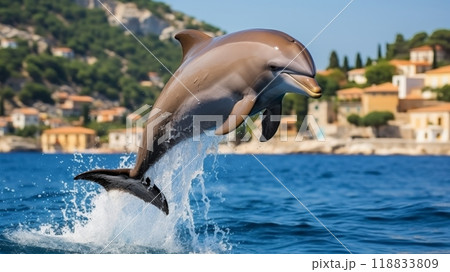 Playful dolphin leaping out of water with copy space, ocean wildlife photography 118833809