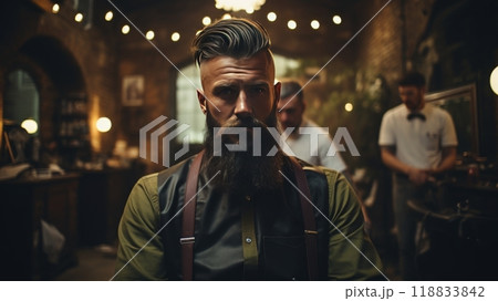 Man in trendy barbershop interior with copy space for text, modern hair salon concept Man in trendy barbershop interior with copy space for text, modern hair salon concept 118833842