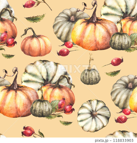 Pumpkins with rose hip, briar, dog rose berries seamless pattern. Watercolor autumn harvest illustration. Hand drawn Thanksgiving Day fabric, packaging, wallpaper. Isolated pastel coloured background  118833903