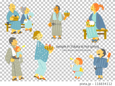 色彩繽紛、有趣的手繪插畫,描繪人們享受溫泉的情景 色彩繽紛、有趣的手繪插畫,描繪人們享受溫泉的情景 118834112